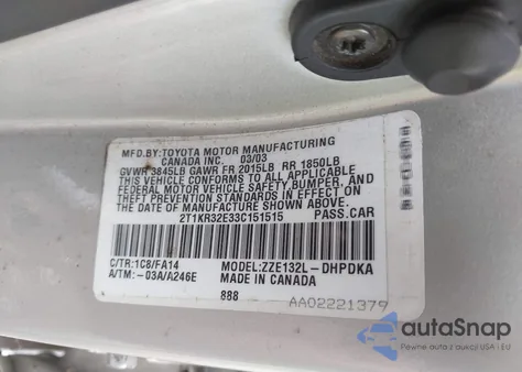 2003 Toyota Corolla Matrix Xr z USA, uszkodzony, nr VIN 2T1KR32E33C151515